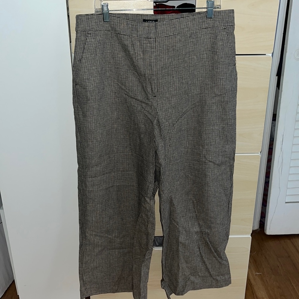 Loft brown blue linen blend wide leg crop trouser pants in houndstooth